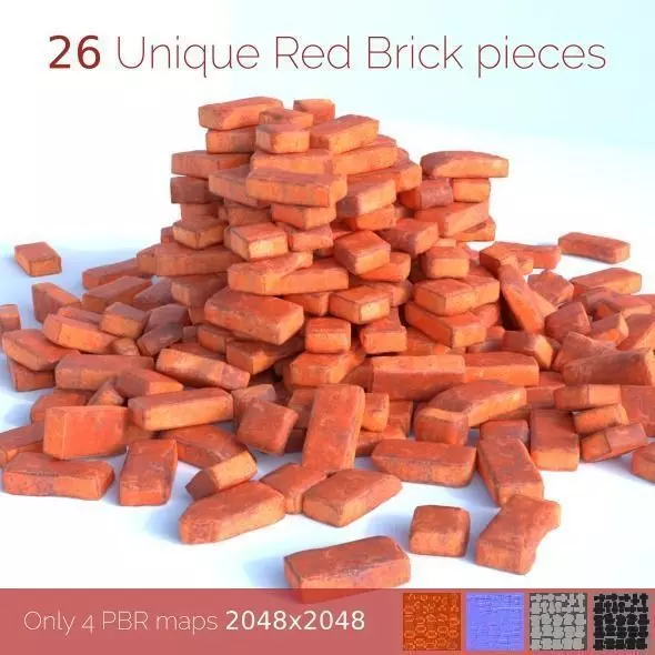 Red Brick SET unique 26 pieces Low-poly 3D model_0