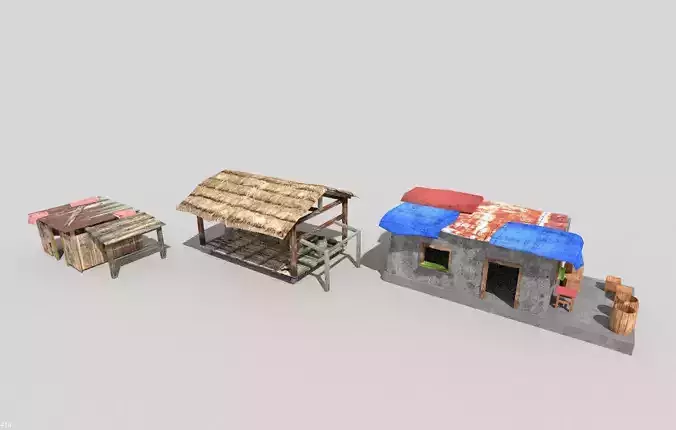 3 low poly beach huts pack Low-poly 3D model