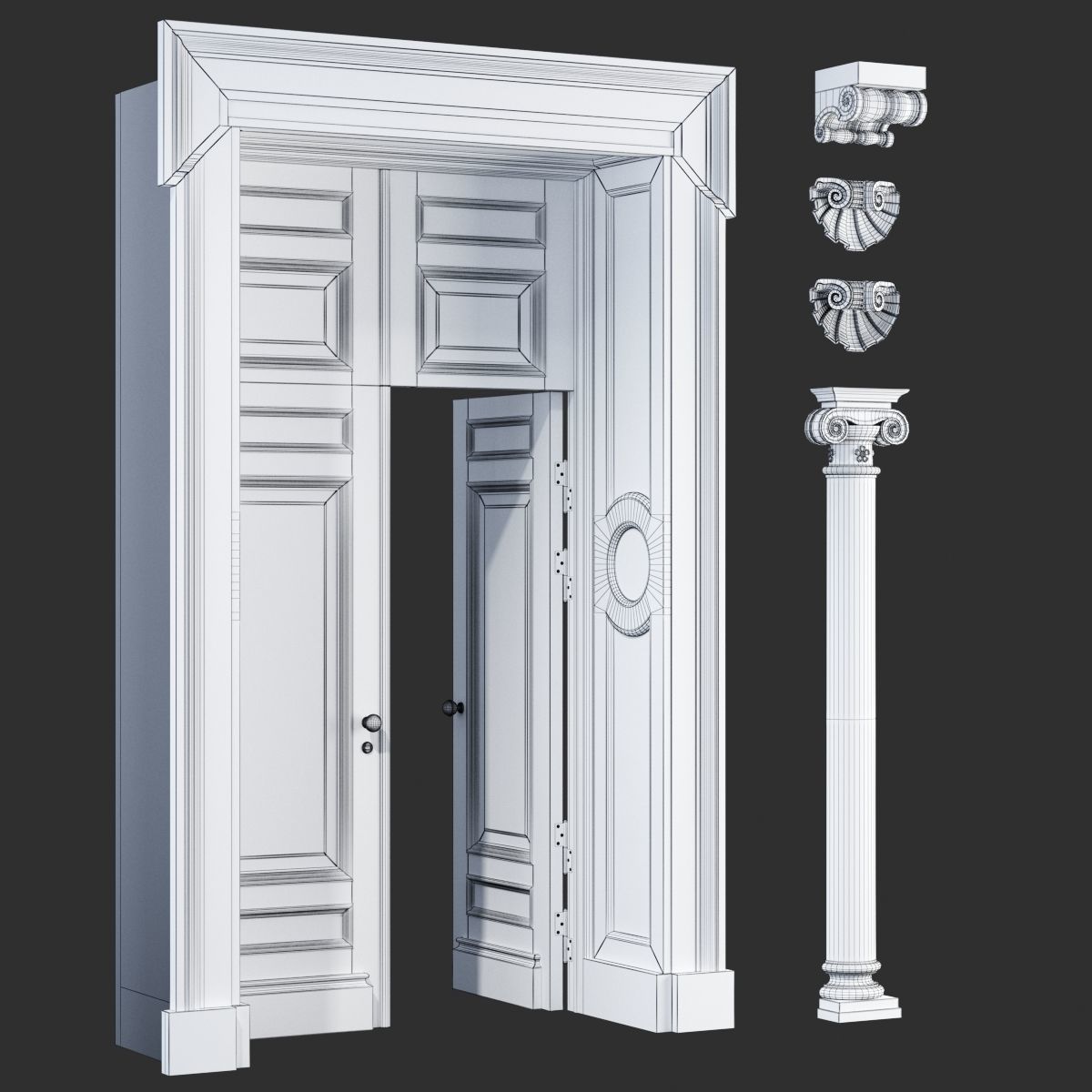 Classic Wooden Door and Carved Elements 3D model_5