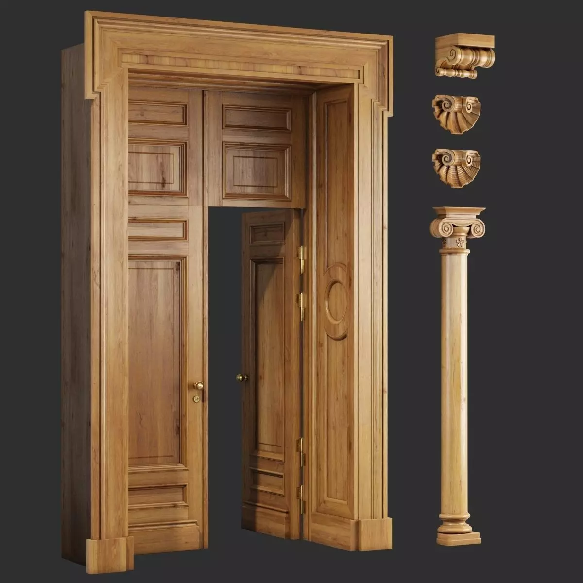 Classic Wooden Door and Carved Elements 3D model_0
