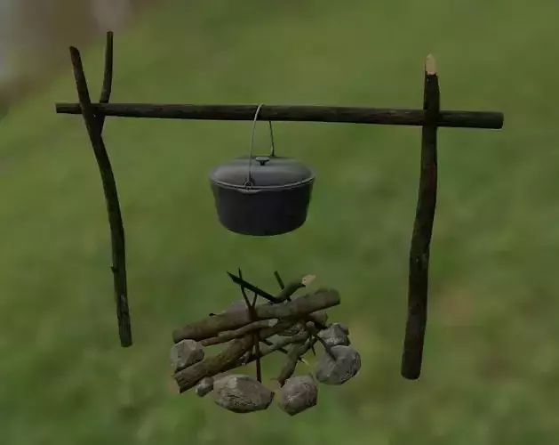 Bonfire campfire with pot Low-poly 3D model