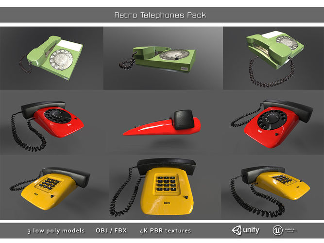 Retro Telephones Pack Low-poly 3D model