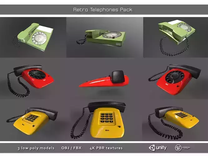 Retro Telephones Pack Low-poly 3D model