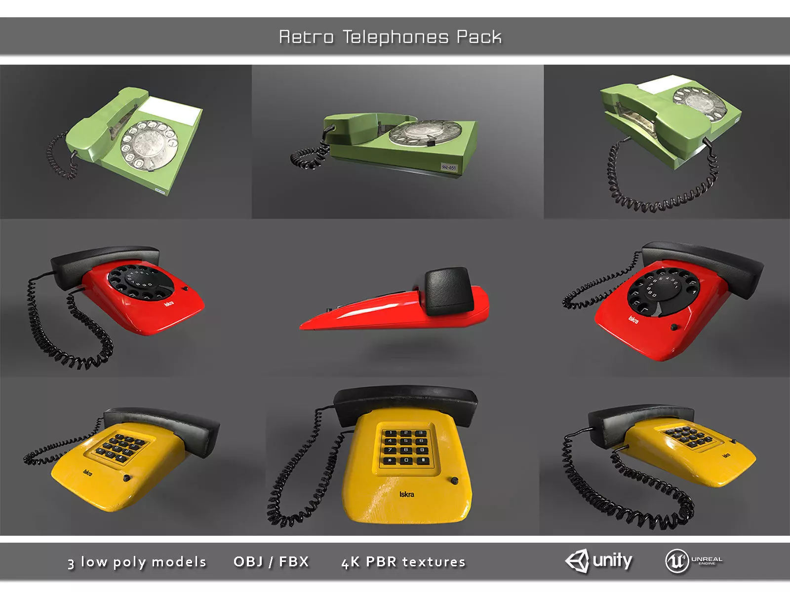 Retro Telephones Pack Low-poly 3D model_0