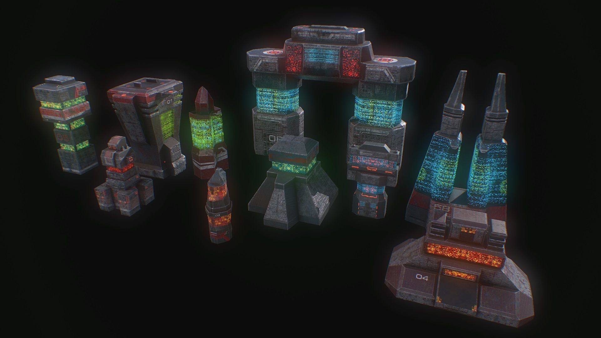 3D model Low poly sci fi dark future buildings set VR / AR / low-poly ...