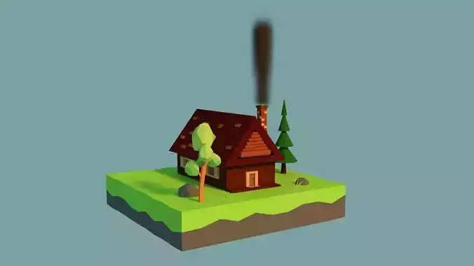Low-poly House on island with trees Low-poly 3D model