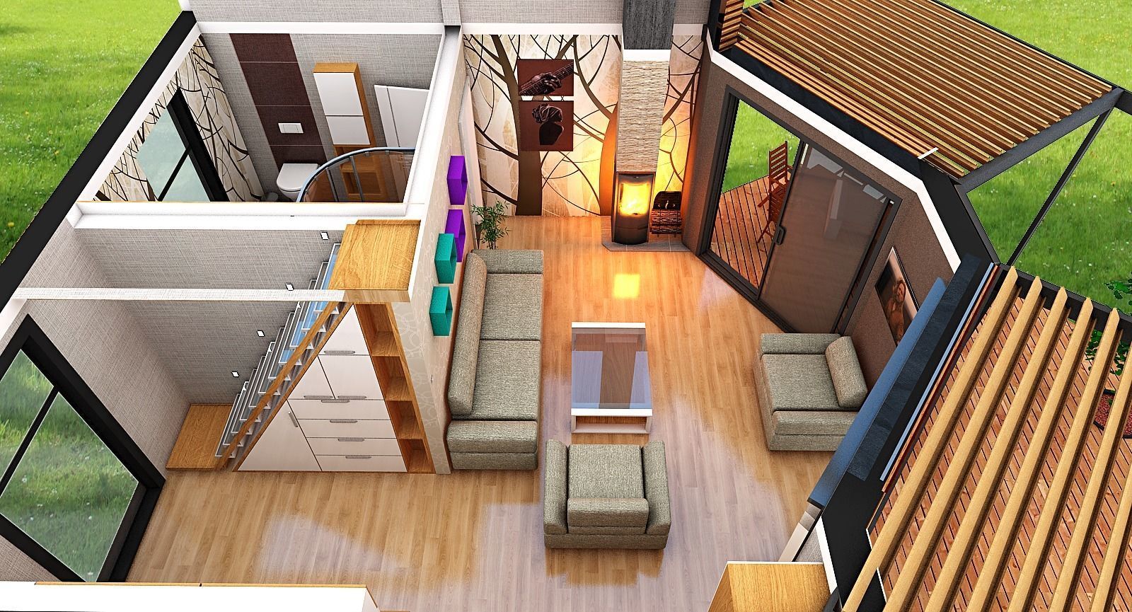 Tiny house exterior interior on 50 m2 with full accommodation Low-poly 3D model_2