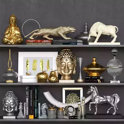 Set-136 shelf with gold and silver statues