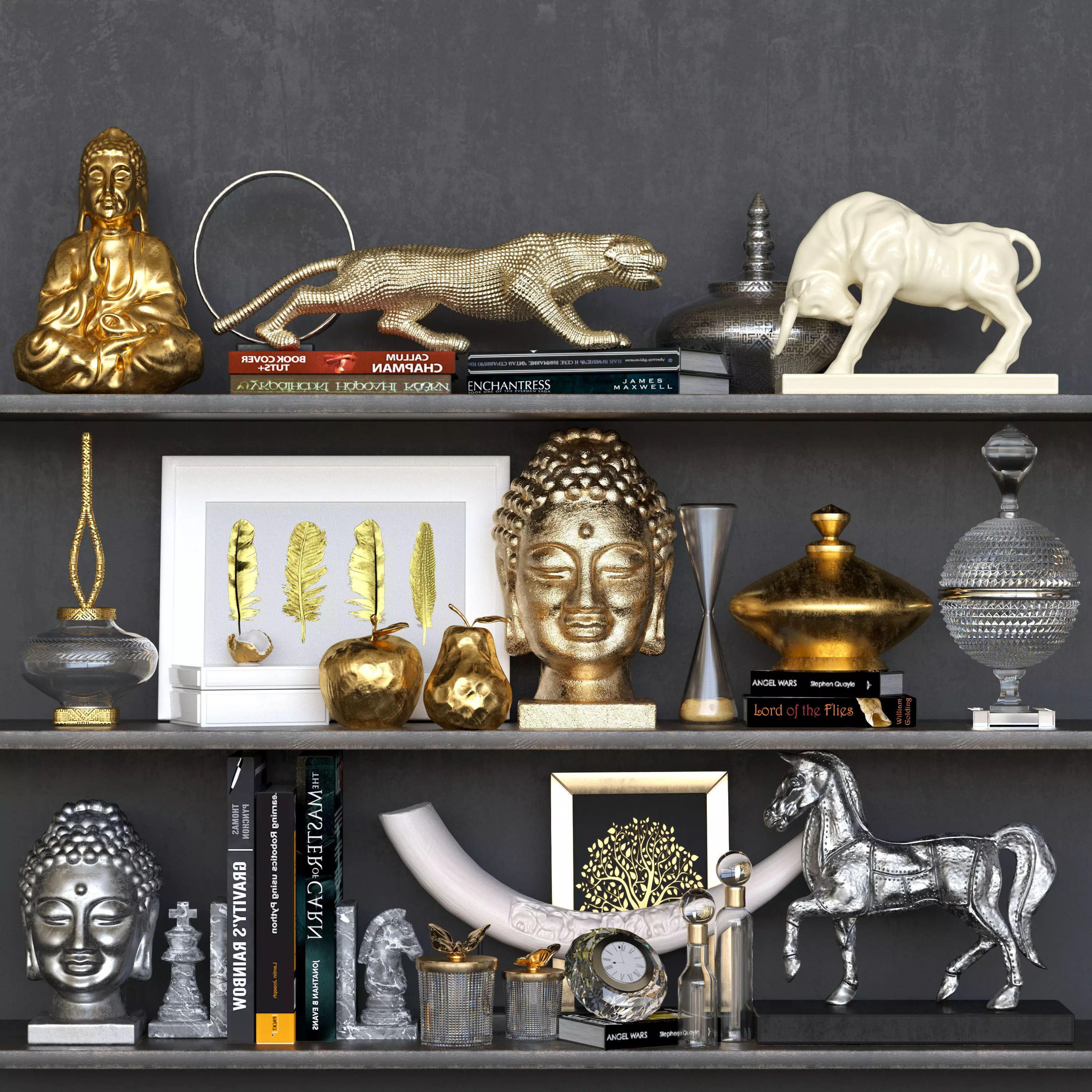 Set-136 shelf with gold and silver statues 3D model_0