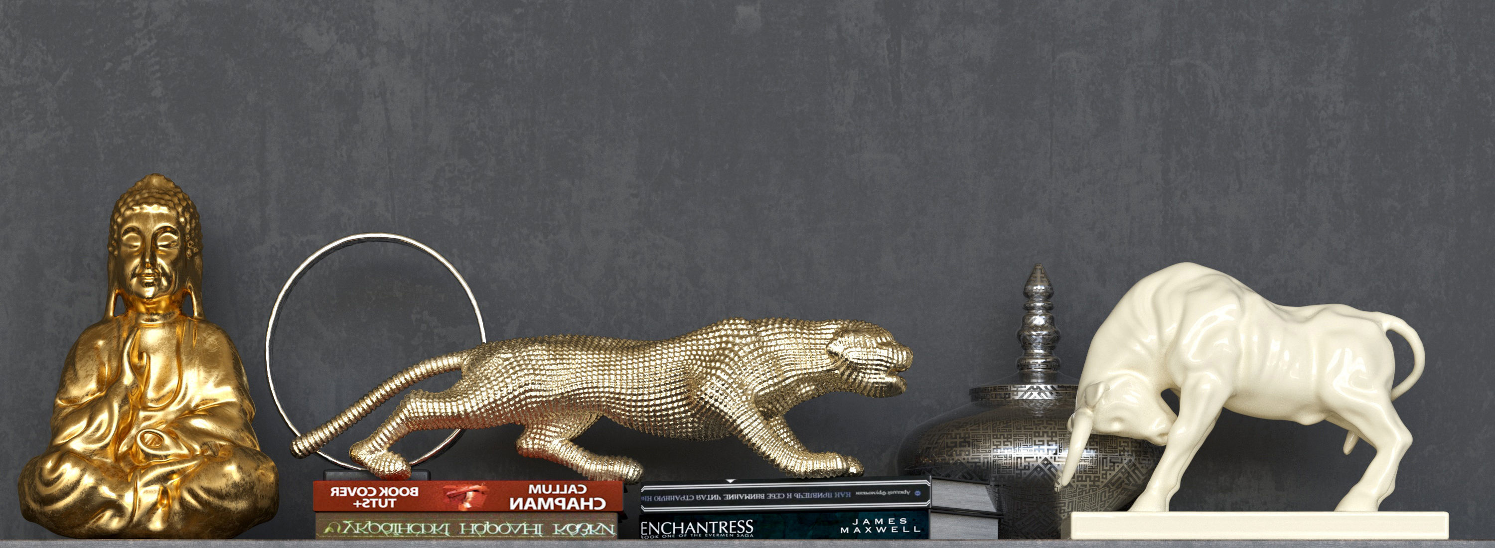 Set-136 shelf with gold and silver statues 3D model_4