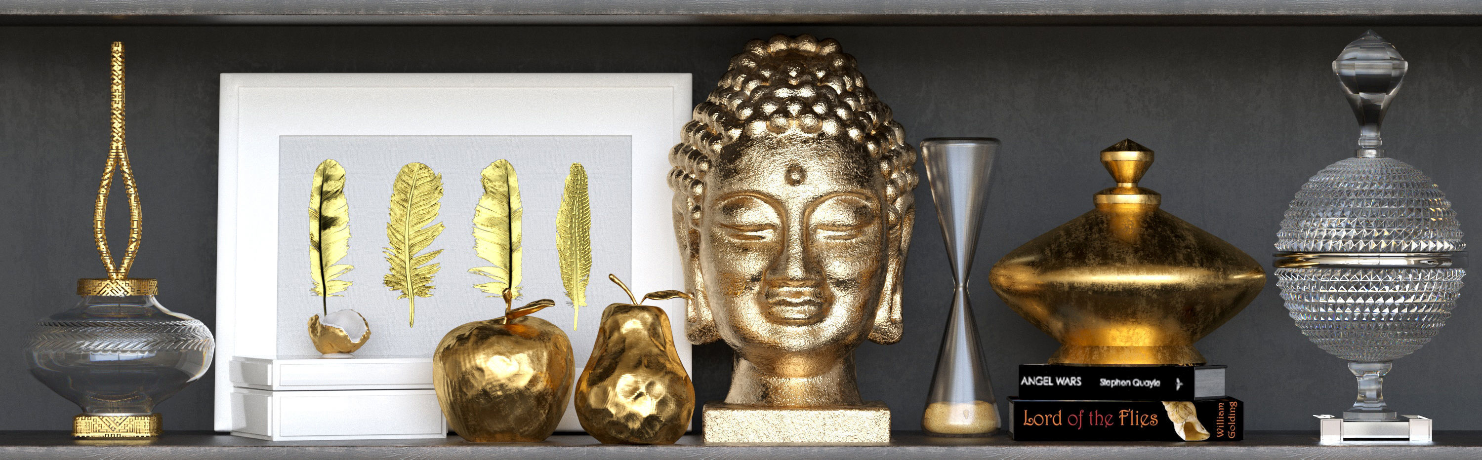 Set-136 shelf with gold and silver statues 3D model_3
