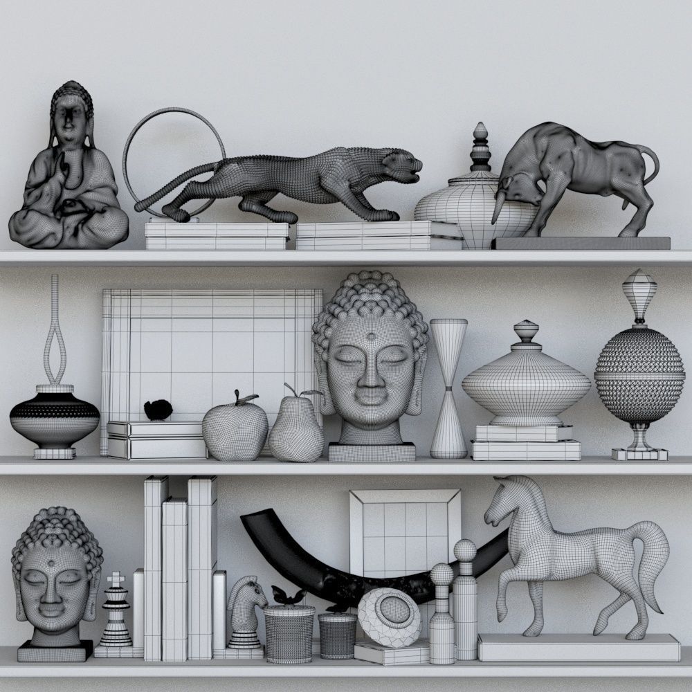 Set-136 shelf with gold and silver statues 3D model_1