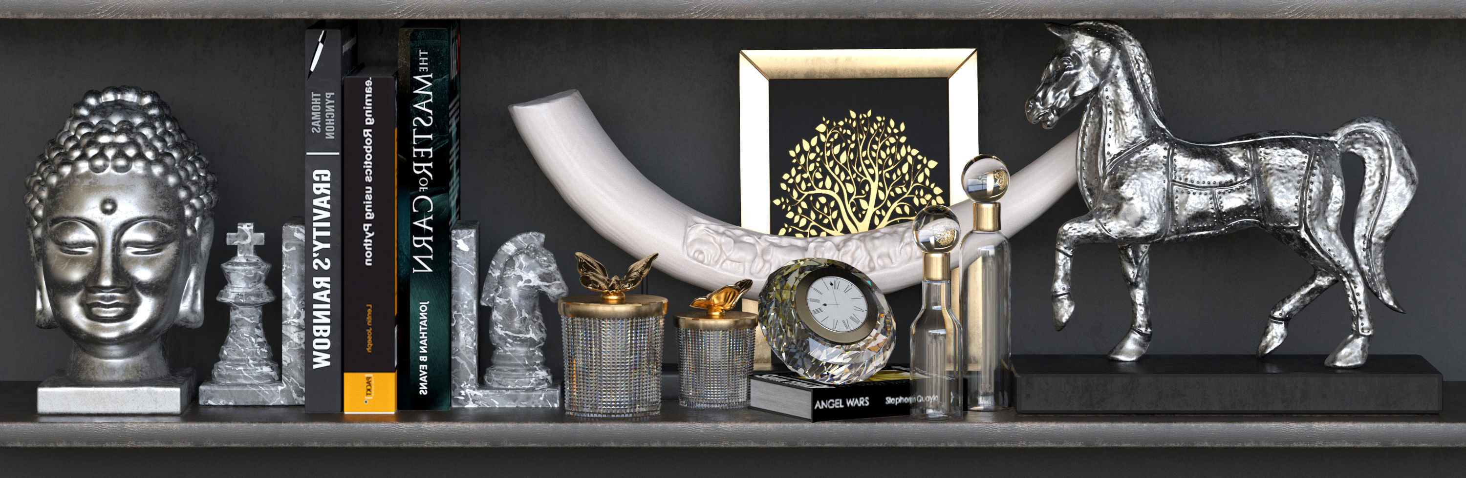 Set-136 shelf with gold and silver statues 3D model_2