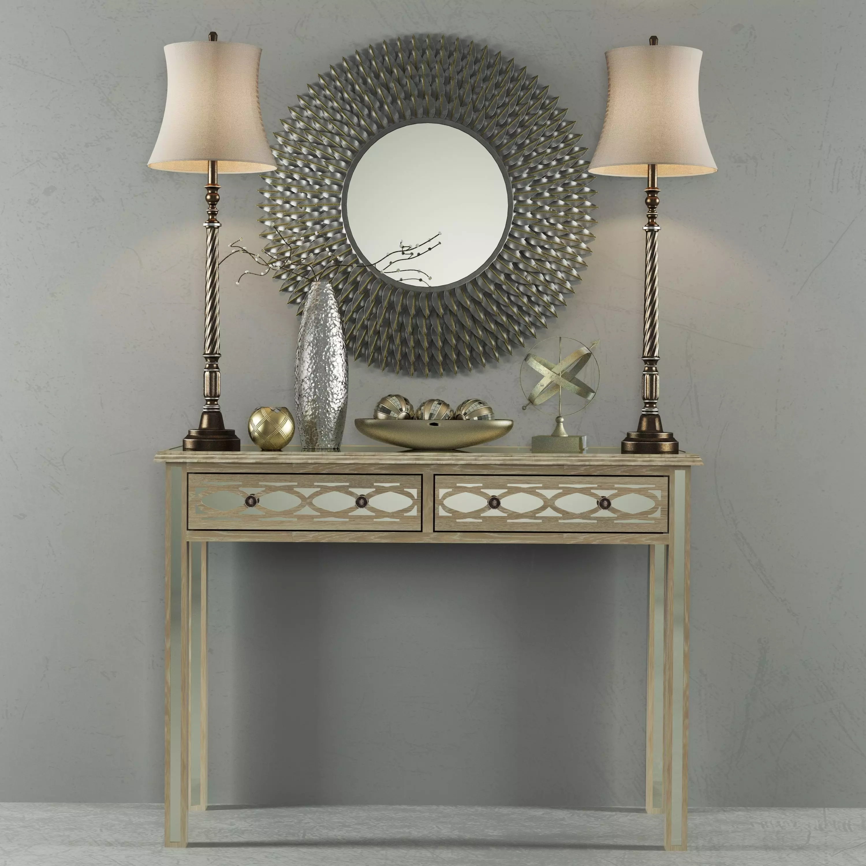 Set-137 console table with two lamps and mirror 3D model_0