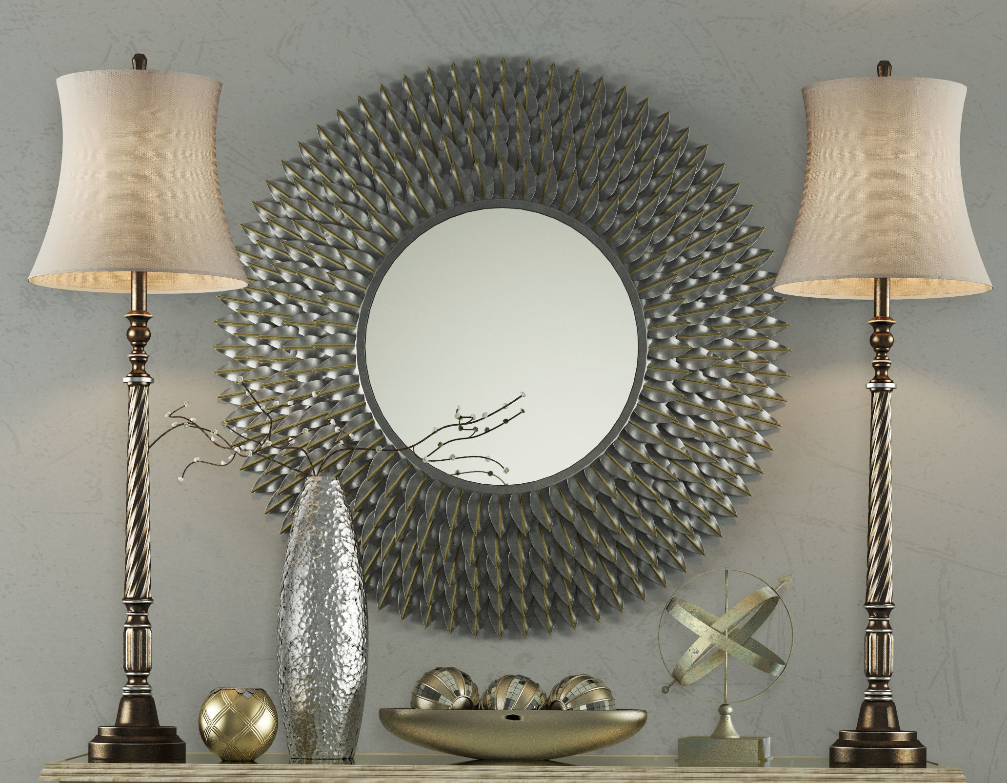 Set-137 console table with two lamps and mirror 3D model_4