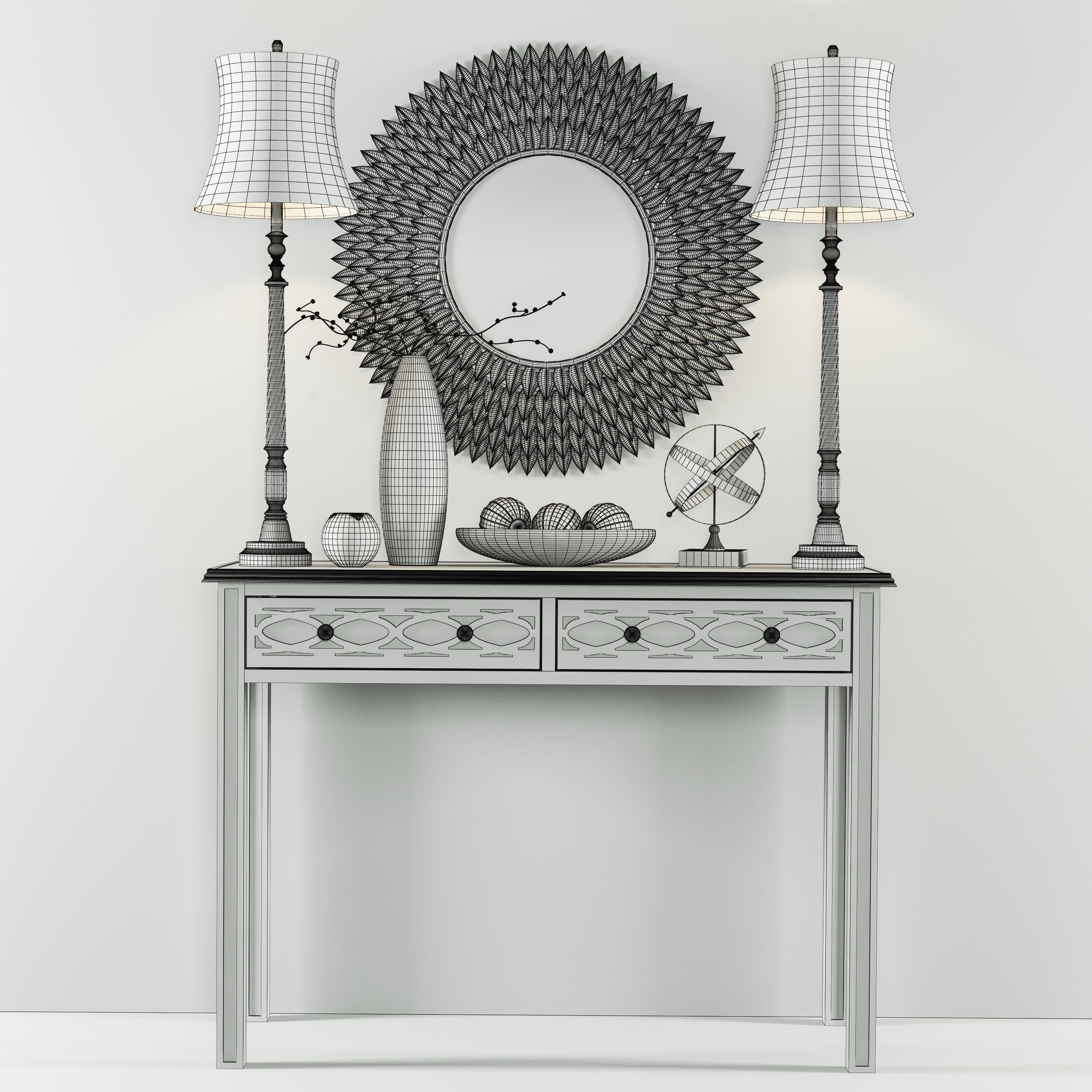 Set-137 console table with two lamps and mirror 3D model_2