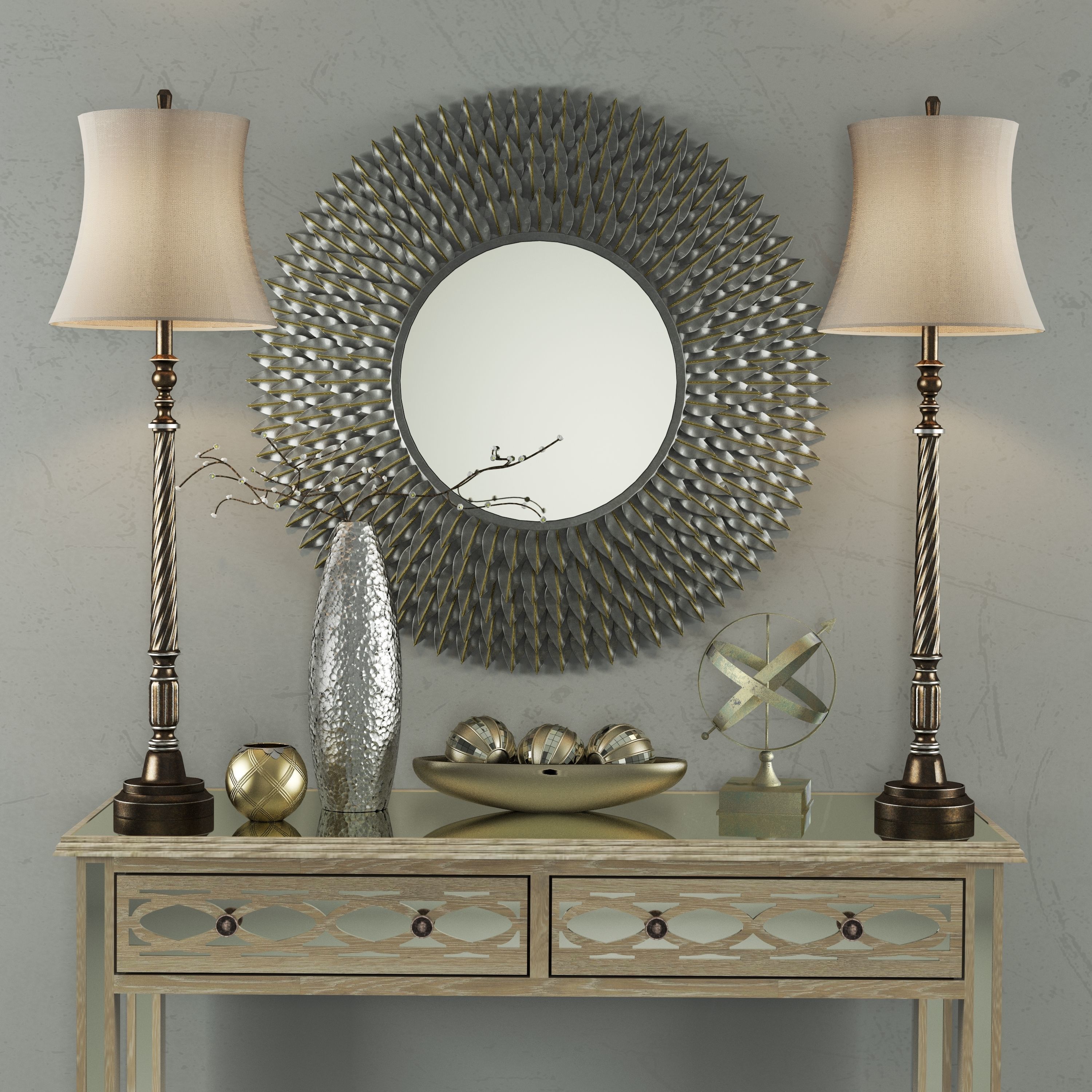 Set-137 console table with two lamps and mirror 3D model_1