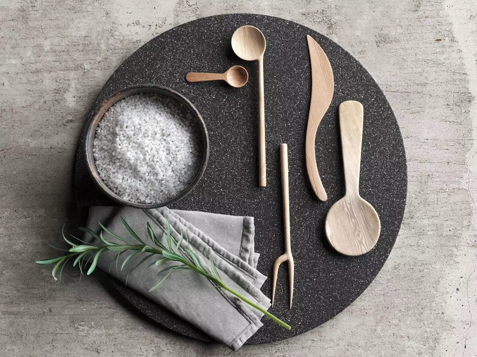 Lava Plate with Wooden Tableware Napkin and Rosemary 3D model_0