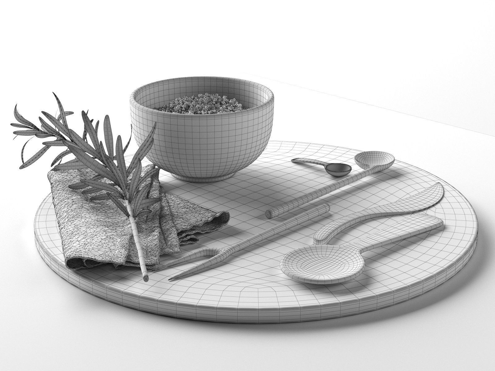 Lava Plate with Wooden Tableware Napkin and Rosemary 3D model_4
