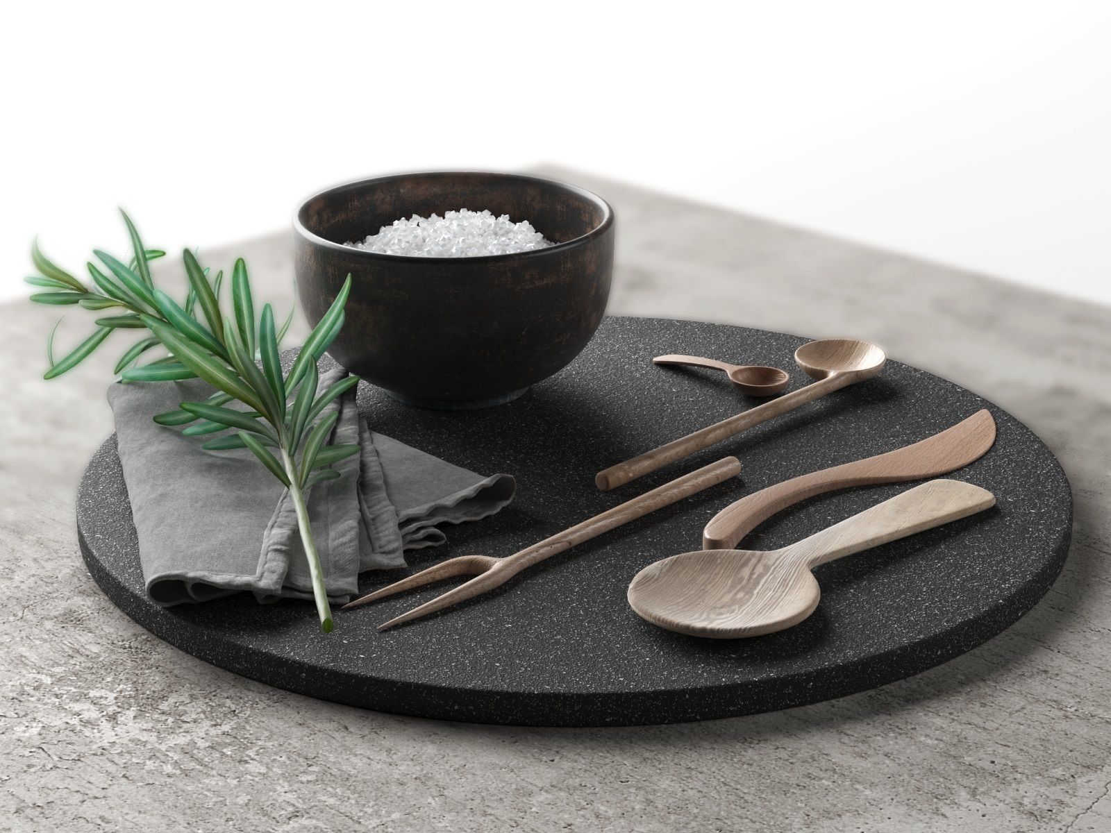 Lava Plate with Wooden Tableware Napkin and Rosemary 3D model_1