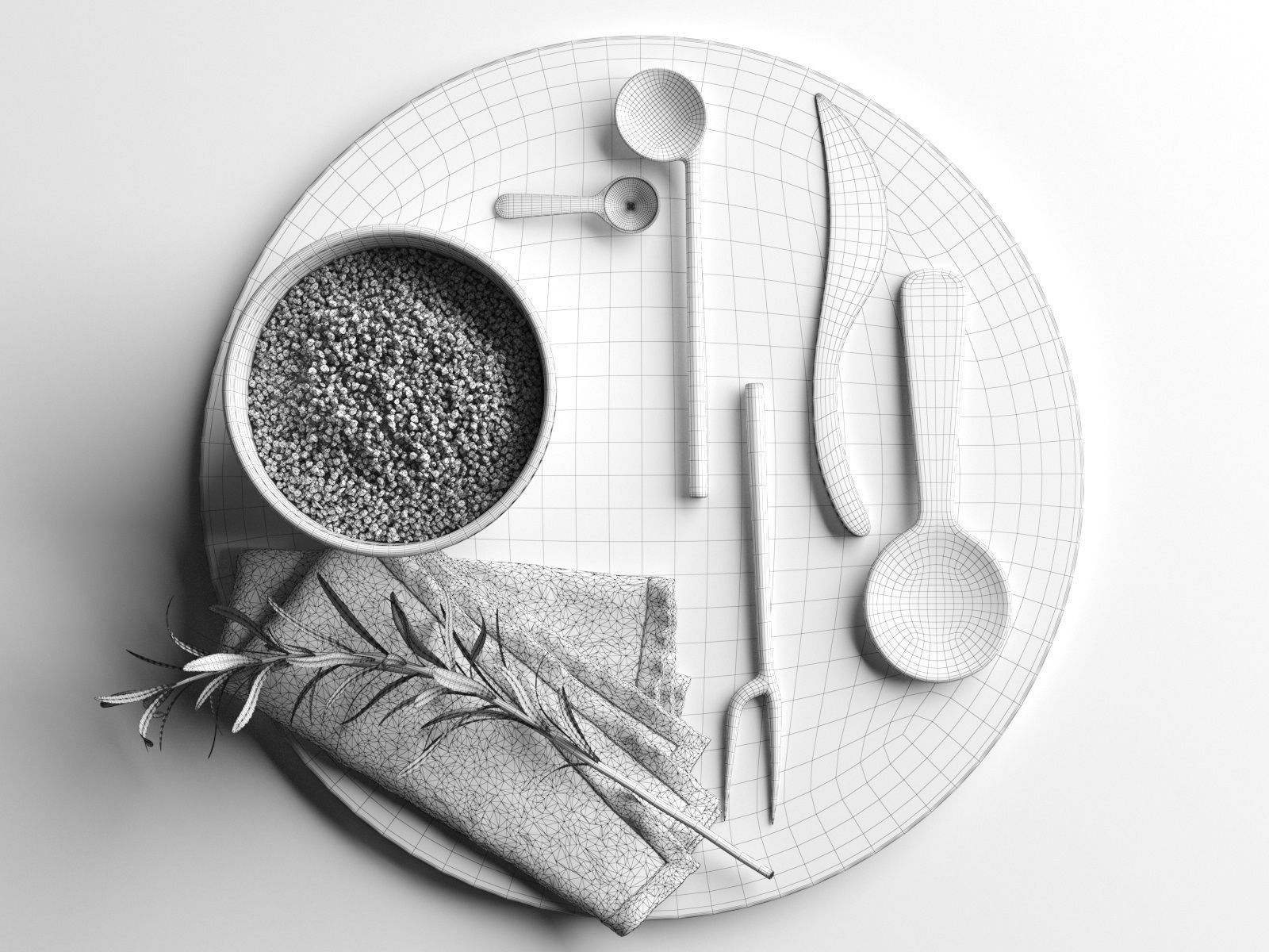 Lava Plate with Wooden Tableware Napkin and Rosemary 3D model_3