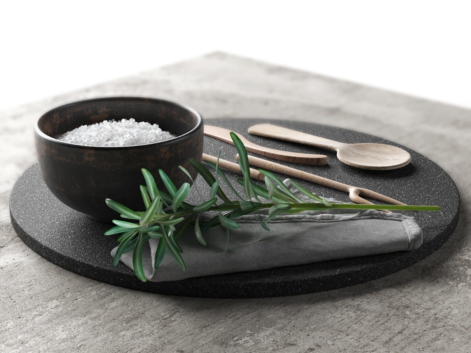 Lava Plate with Wooden Tableware Napkin and Rosemary 3D model_2