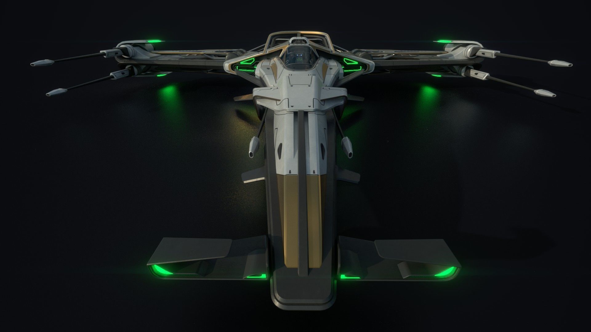 X-Blade spaceship with lights Low-poly 3D model_3