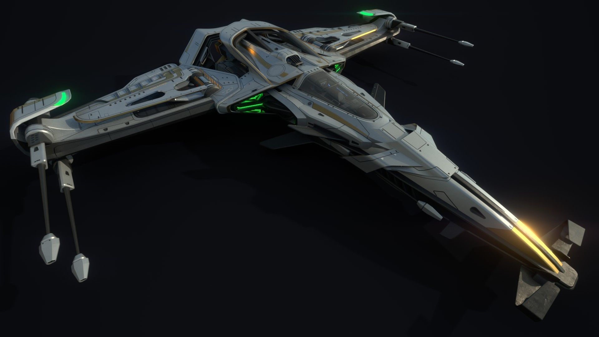 X-Blade spaceship with lights Low-poly 3D model_2