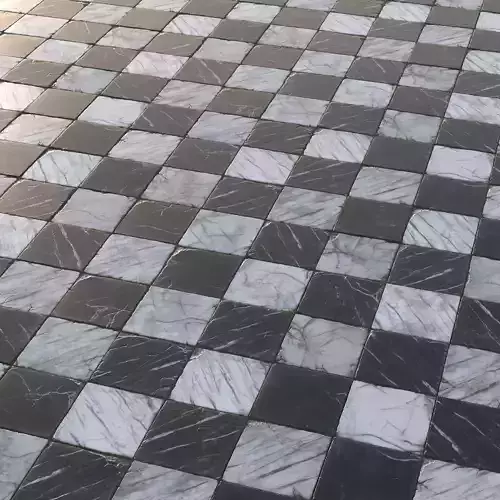 Aged marble black and white large chequered tiles