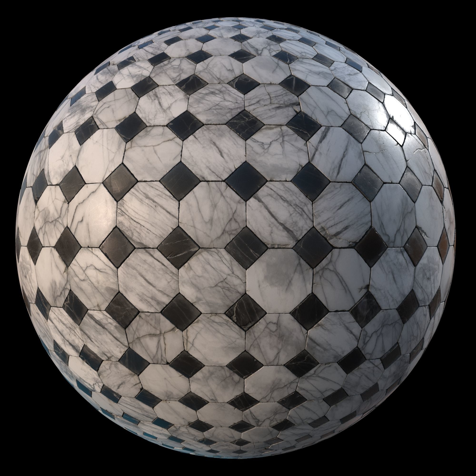 Black and white aged marble tiles PBR Material Texture_1