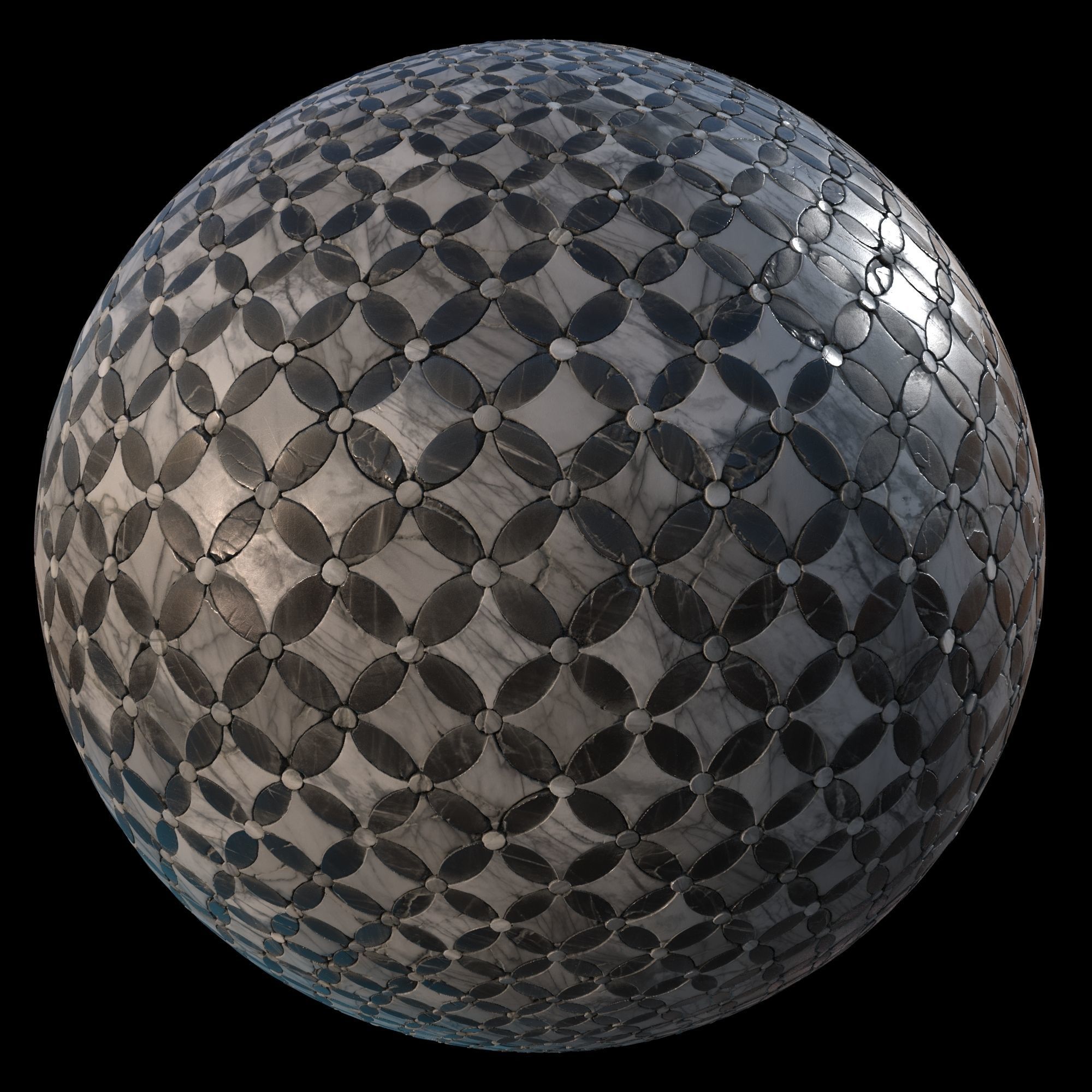 Ornamental black and white marble tiles PBR Material Texture_1