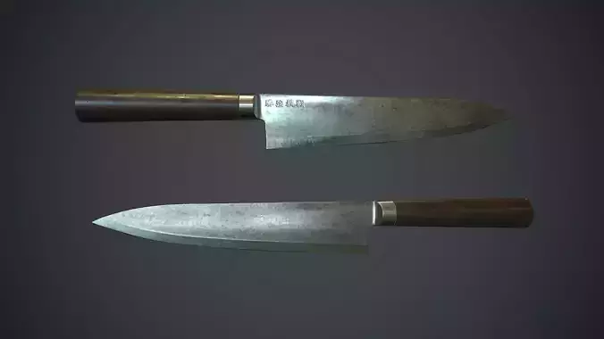 Damascus Kitchen Knife PBR Game Ready Low-poly 3D model