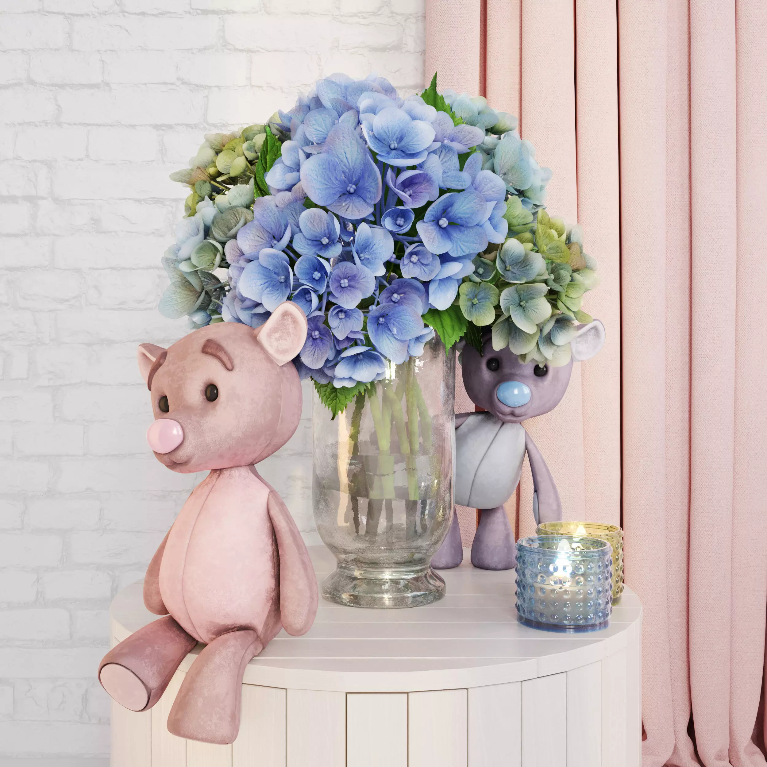 Decorative set with hydrangea and bears Low-poly 3D model_0