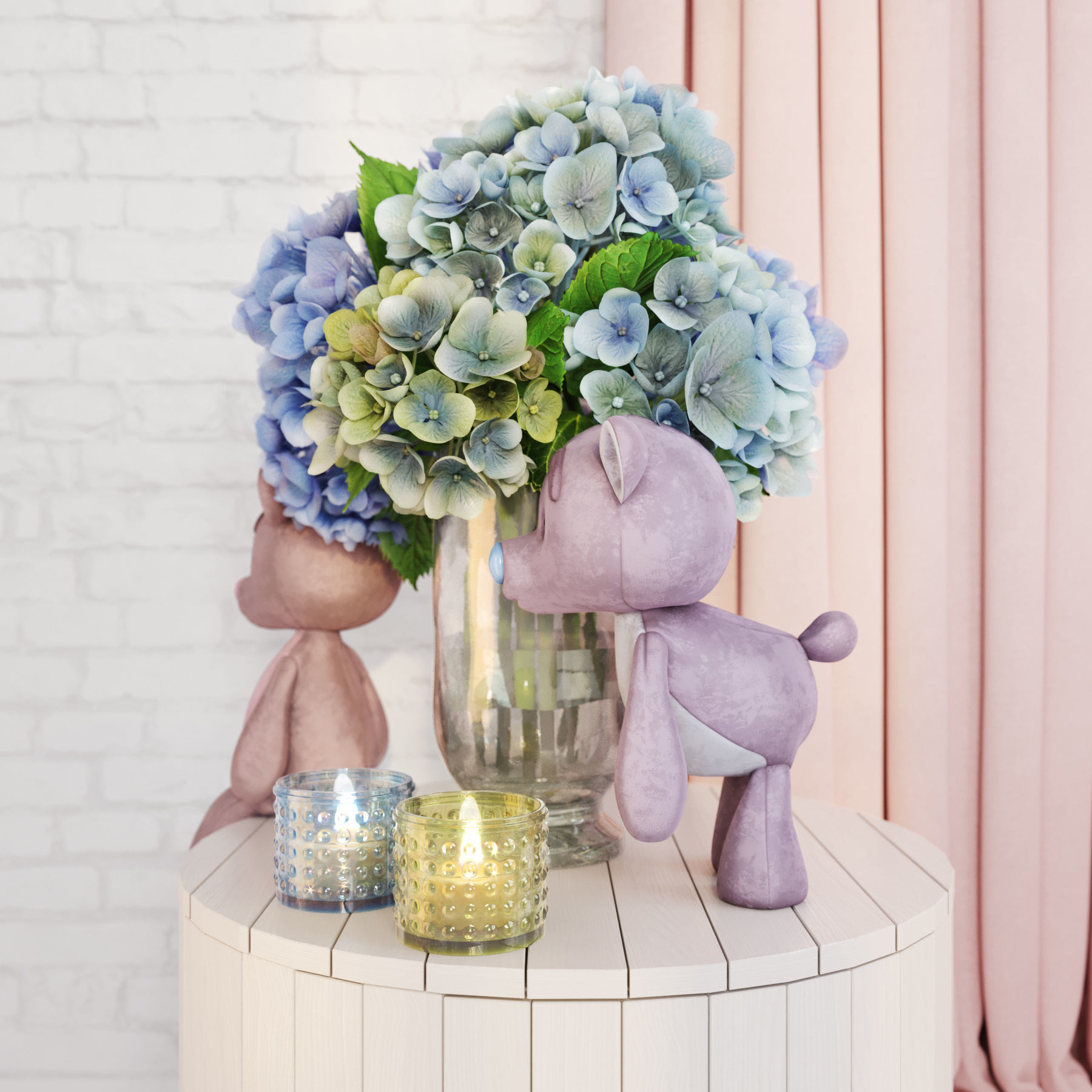 Decorative set with hydrangea and bears Low-poly 3D model_1