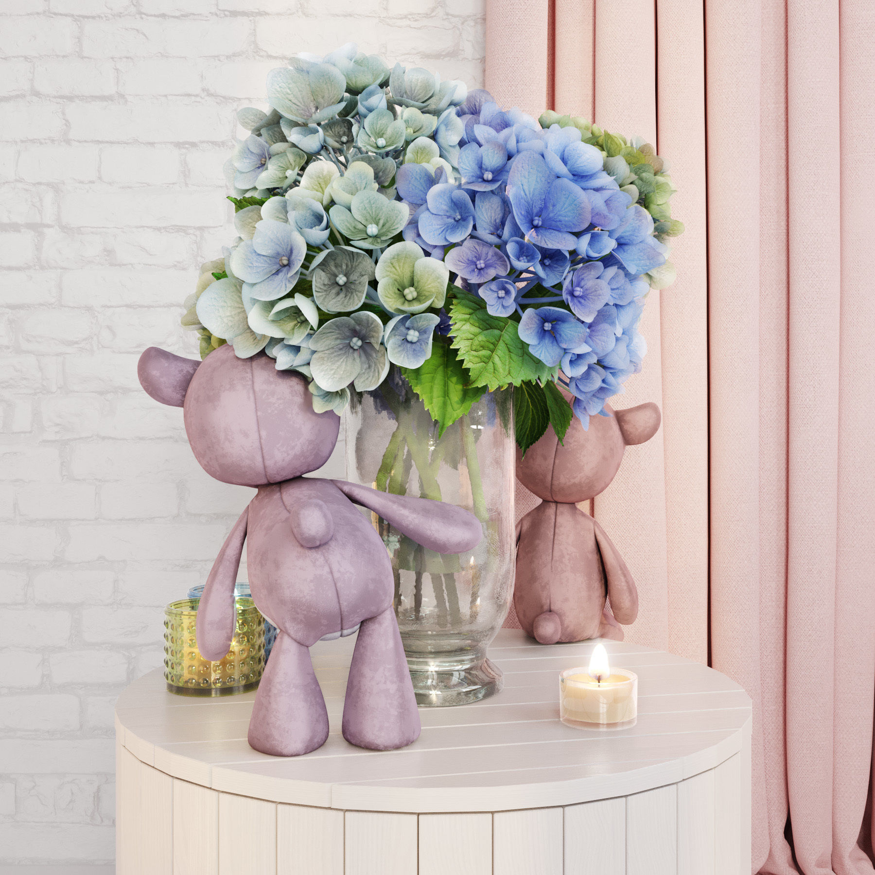 Decorative set with hydrangea and bears Low-poly 3D model_2