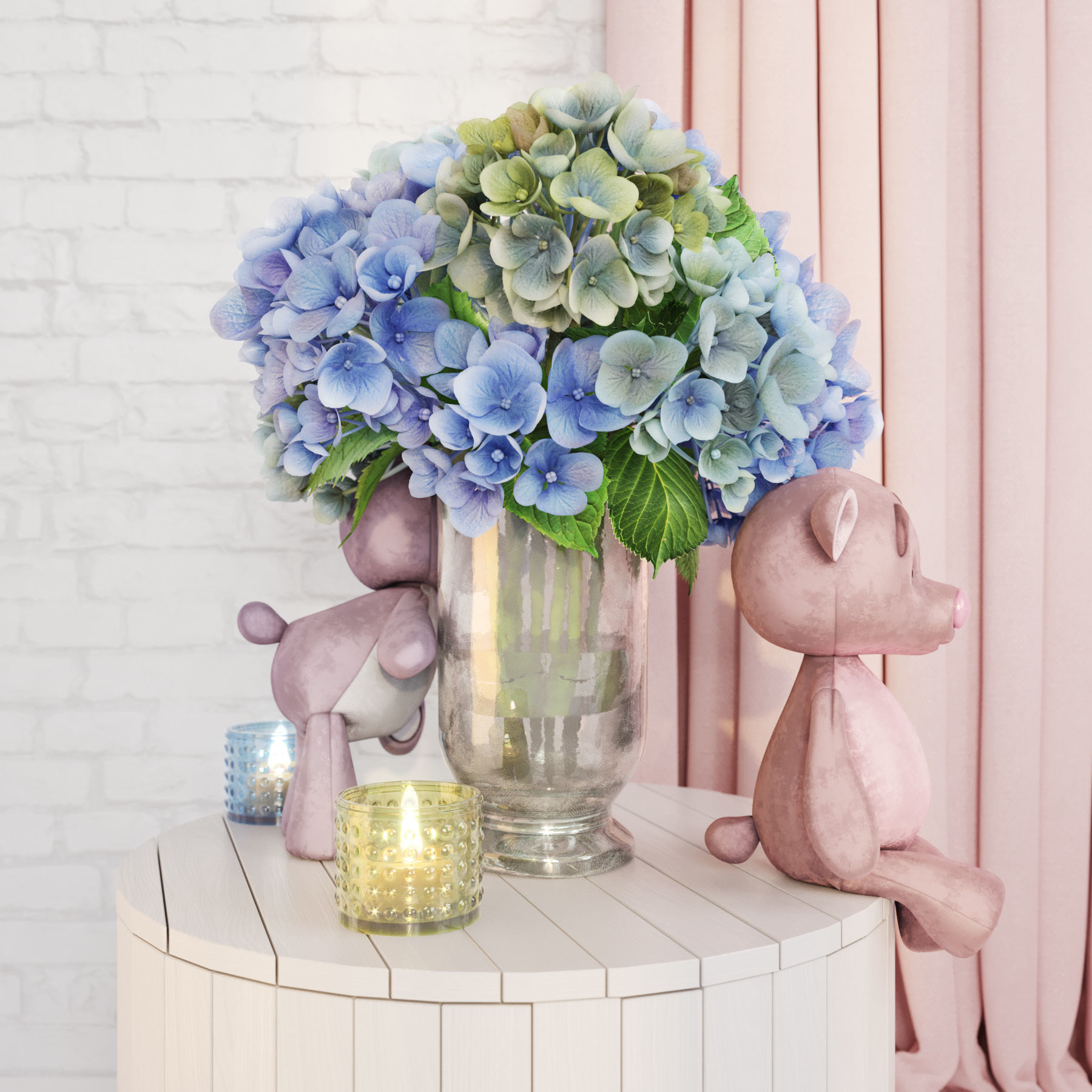 Decorative set with hydrangea and bears Low-poly 3D model_3