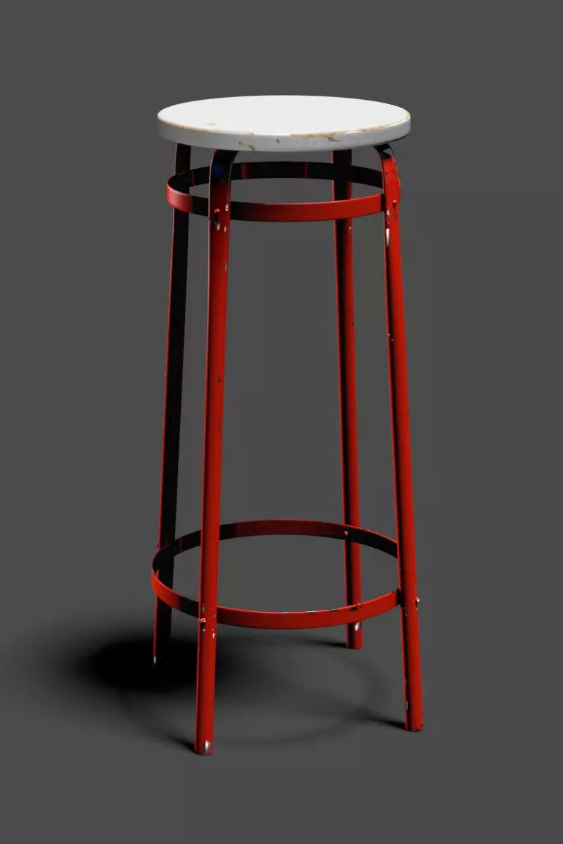 Red worn metal stool 3D model_0
