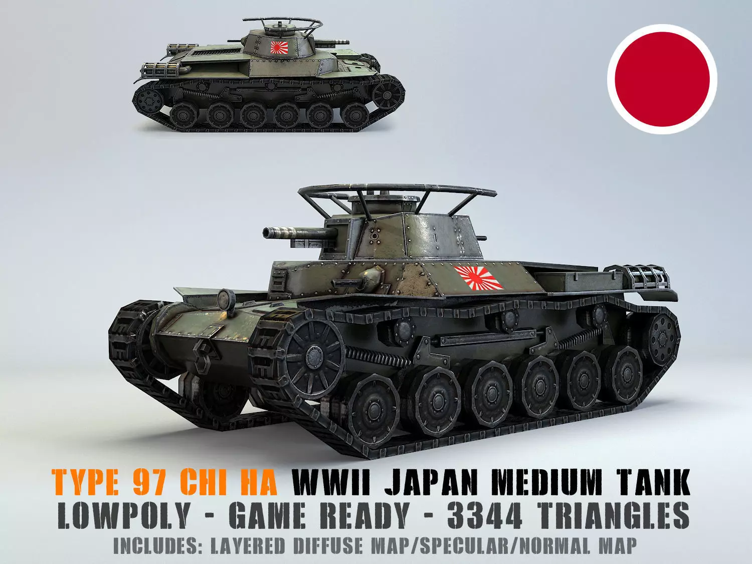 Low Poly Type 97 Chi Ha medium tank Low-poly 3D model_0