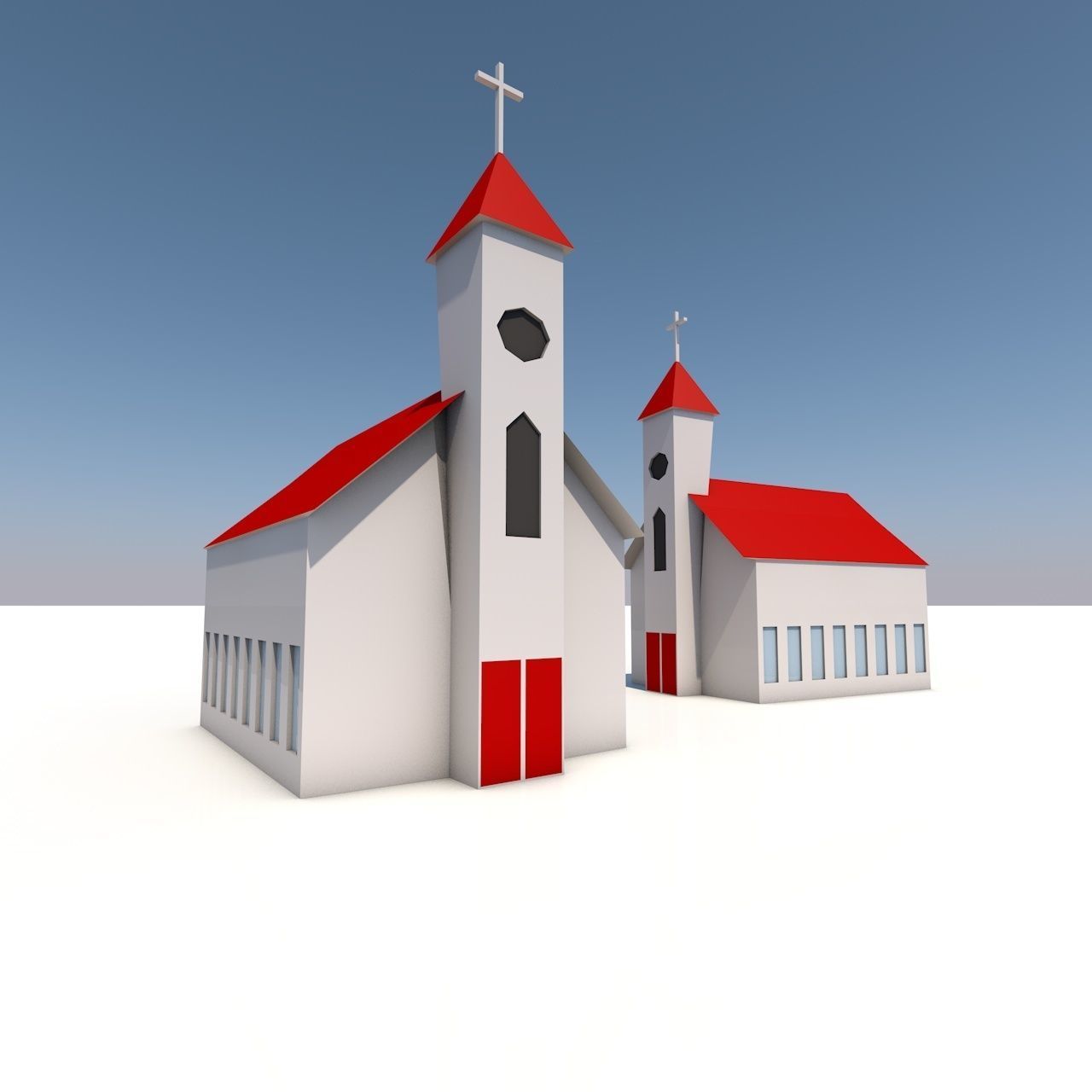 Low Poly Buildings two churches with roofs Low-poly 3D model_7