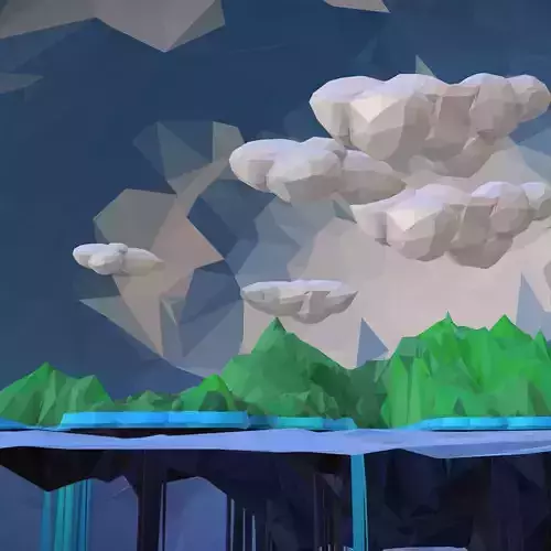 Green Waterfall Island Mountain Low Polygon Art