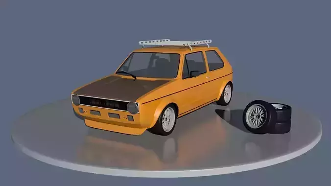 Volkswagen orange car with tire on top