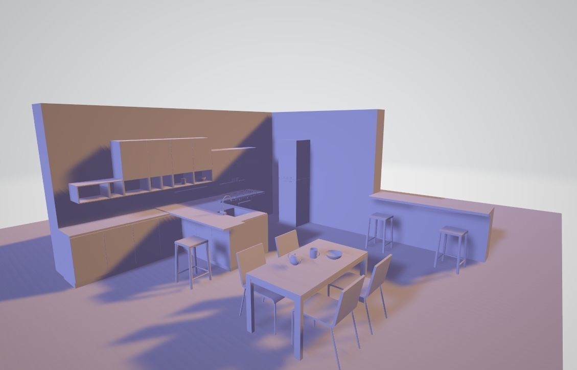 Kitchen - Modern design with wooden table Low-poly 3D model_6