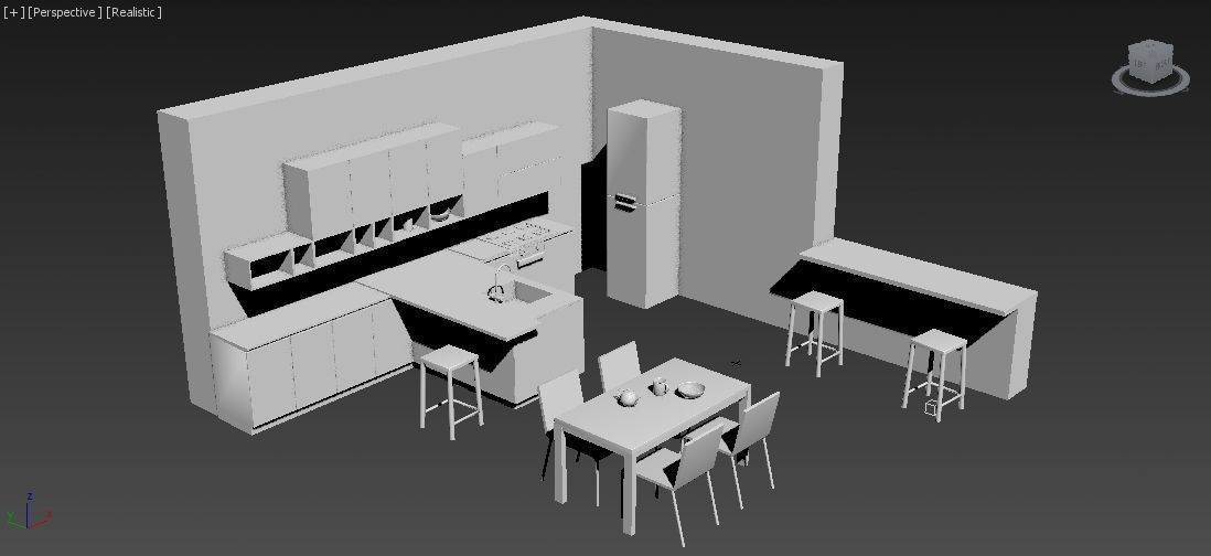 Kitchen - Modern design with wooden table Low-poly 3D model_8