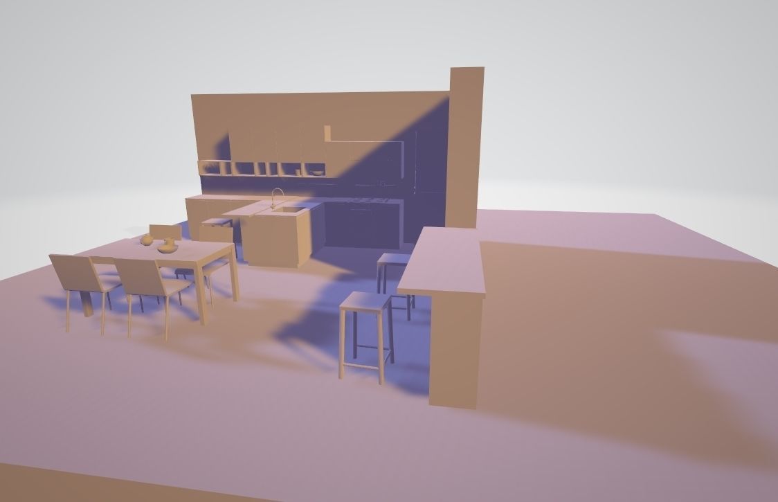 Kitchen - Modern design with wooden table Low-poly 3D model_4