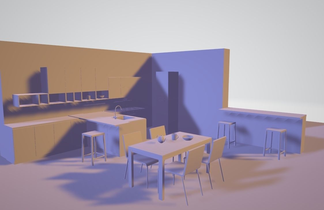 Kitchen - Modern design with wooden table Low-poly 3D model_3