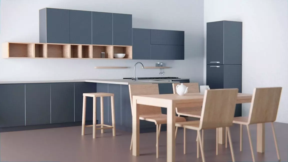 Kitchen - Modern design with wooden table Low-poly 3D model_0