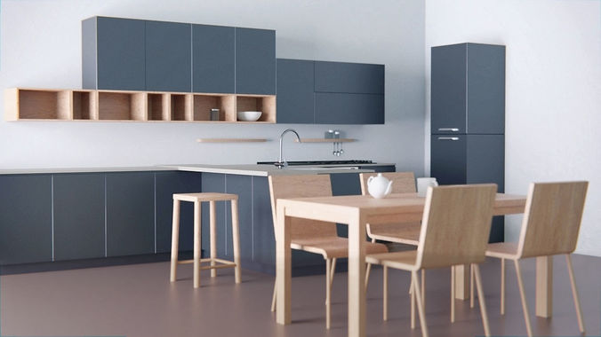 Kitchen - Modern design with wooden table Low-poly 3D model