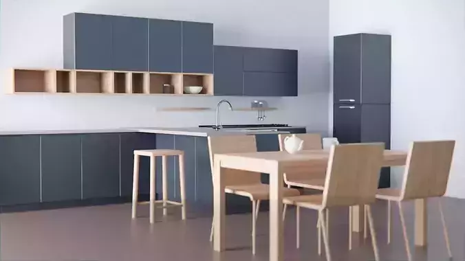 Kitchen - Modern design with wooden table Low-poly 3D model