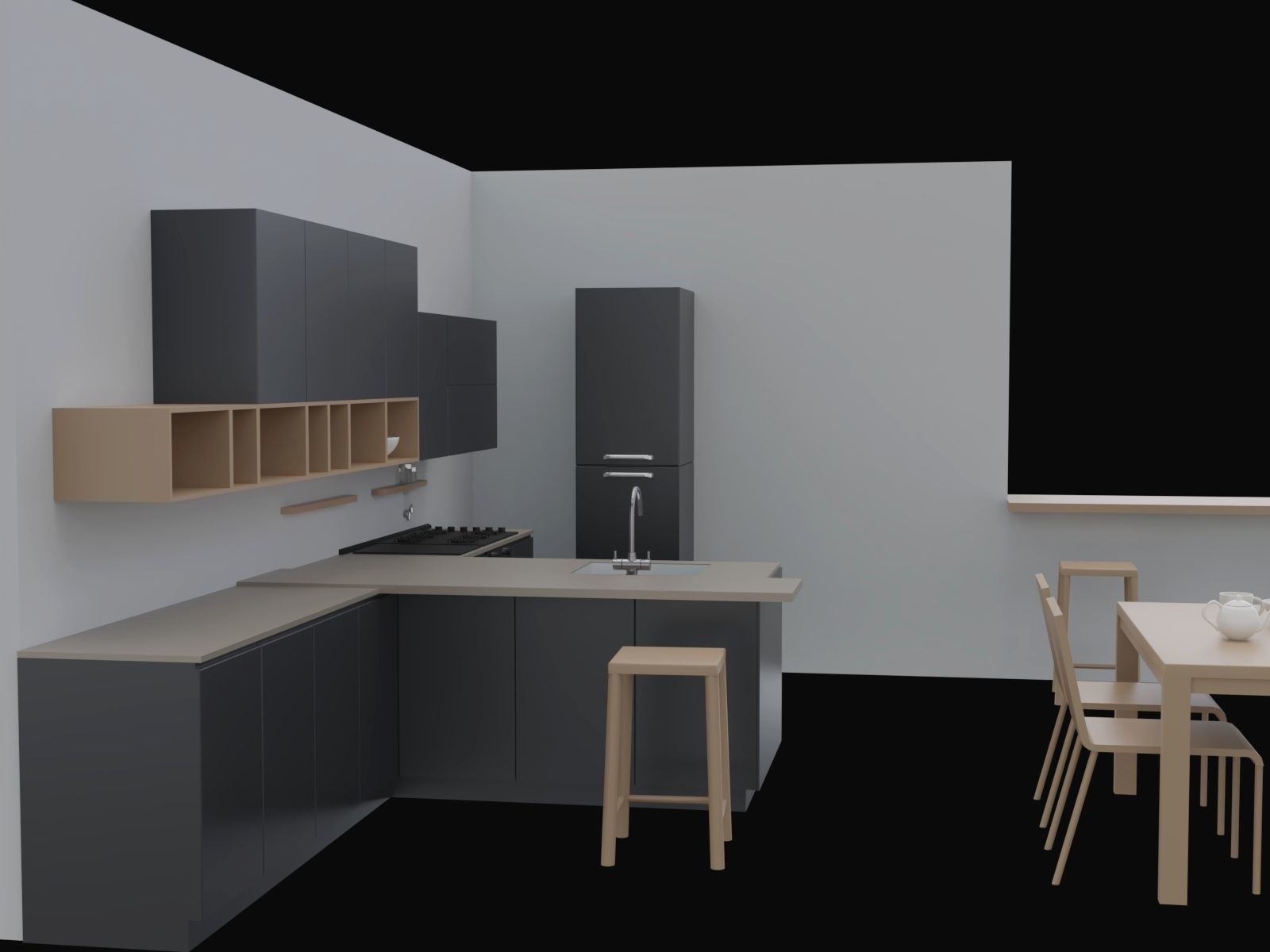 Kitchen - Modern design with wooden table Low-poly 3D model_1