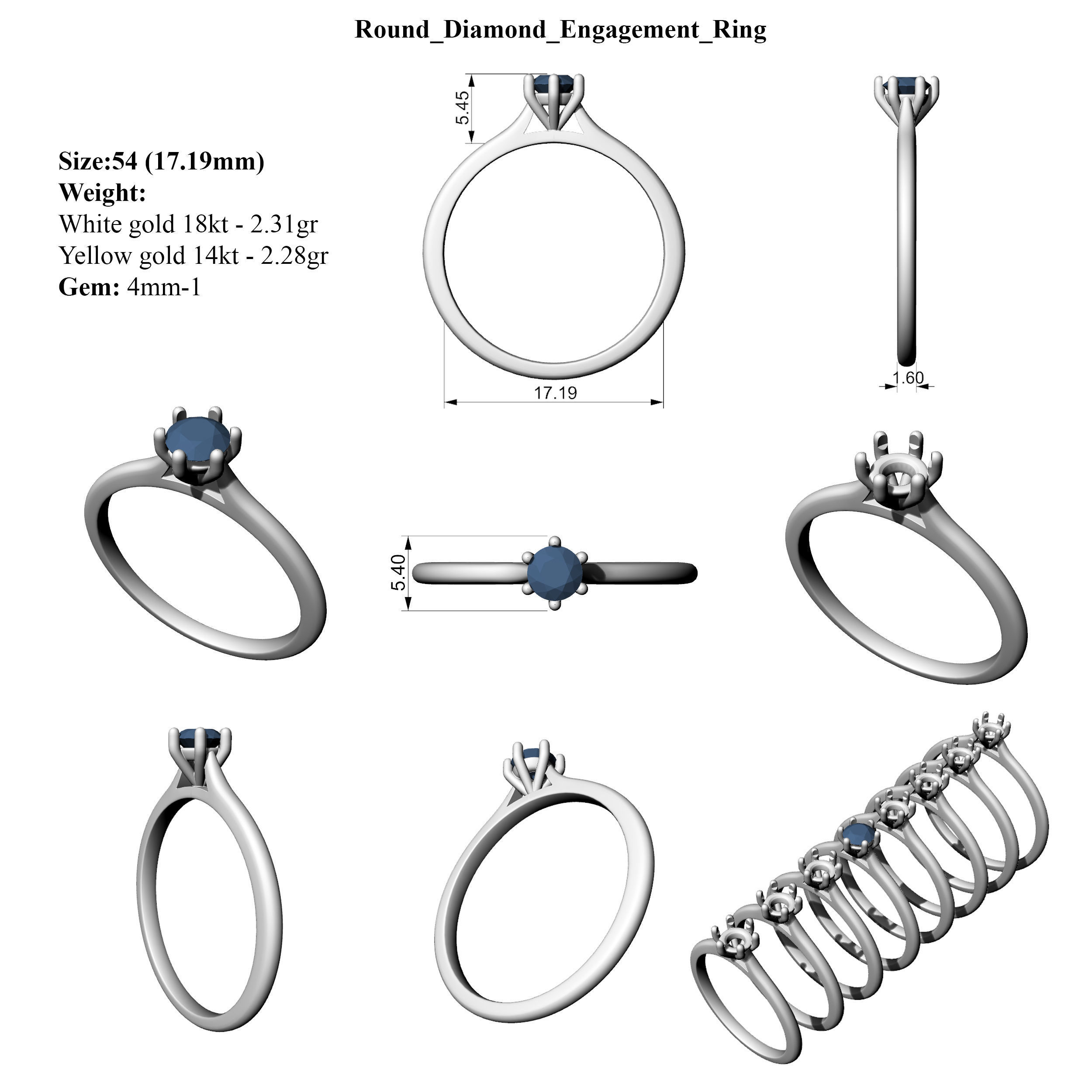 Round Diamond Engagement Ring All Size 3D print model_6